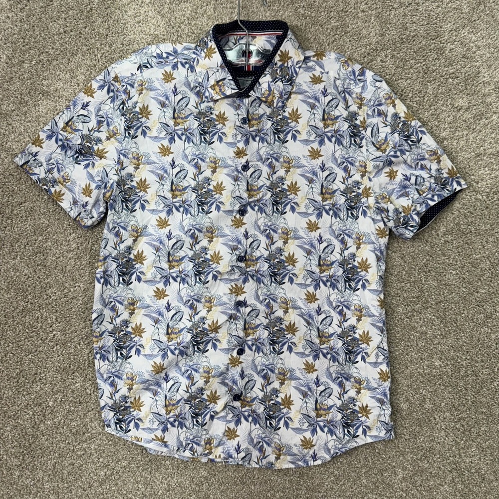 Soul of London Button Down Shirt Mens Medium White Blue Floral Short Sleeve Trim